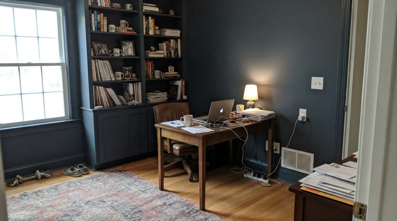 With daylight from the side, the blue in Cyberspace is unmistakable against the white ceiling and warm oak floor.