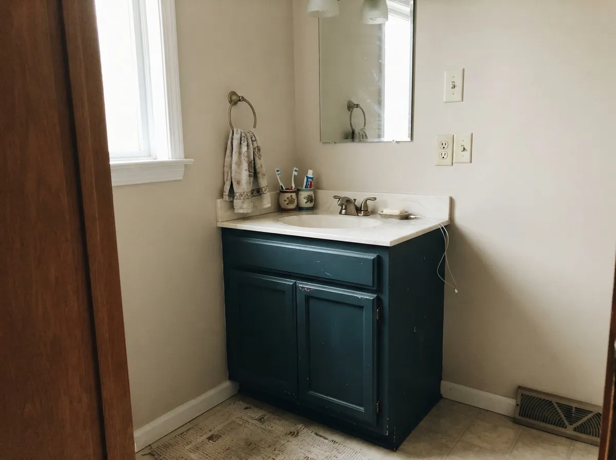 A small-room commitment: one vanity in Dark Night looks custom without betting the whole bathroom on navy-teal.