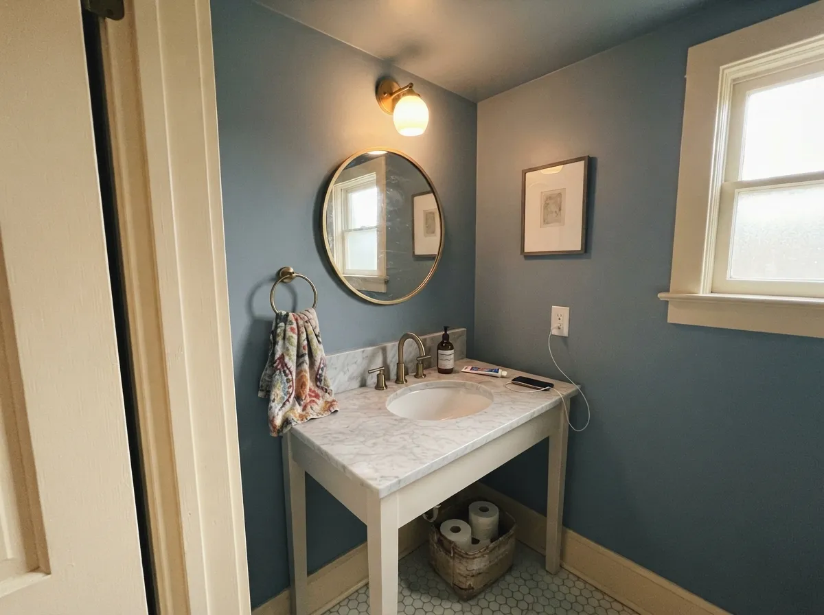 Drenched in a small bathroom — airy where the daylight hits, richer and moodier in the corners it doesn't reach.