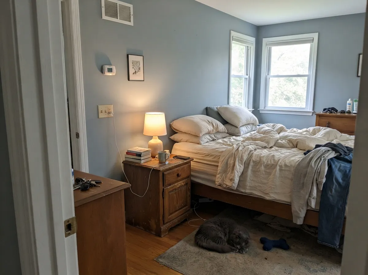 Morning east light keeps the blue honest and the room calm, not cold.
