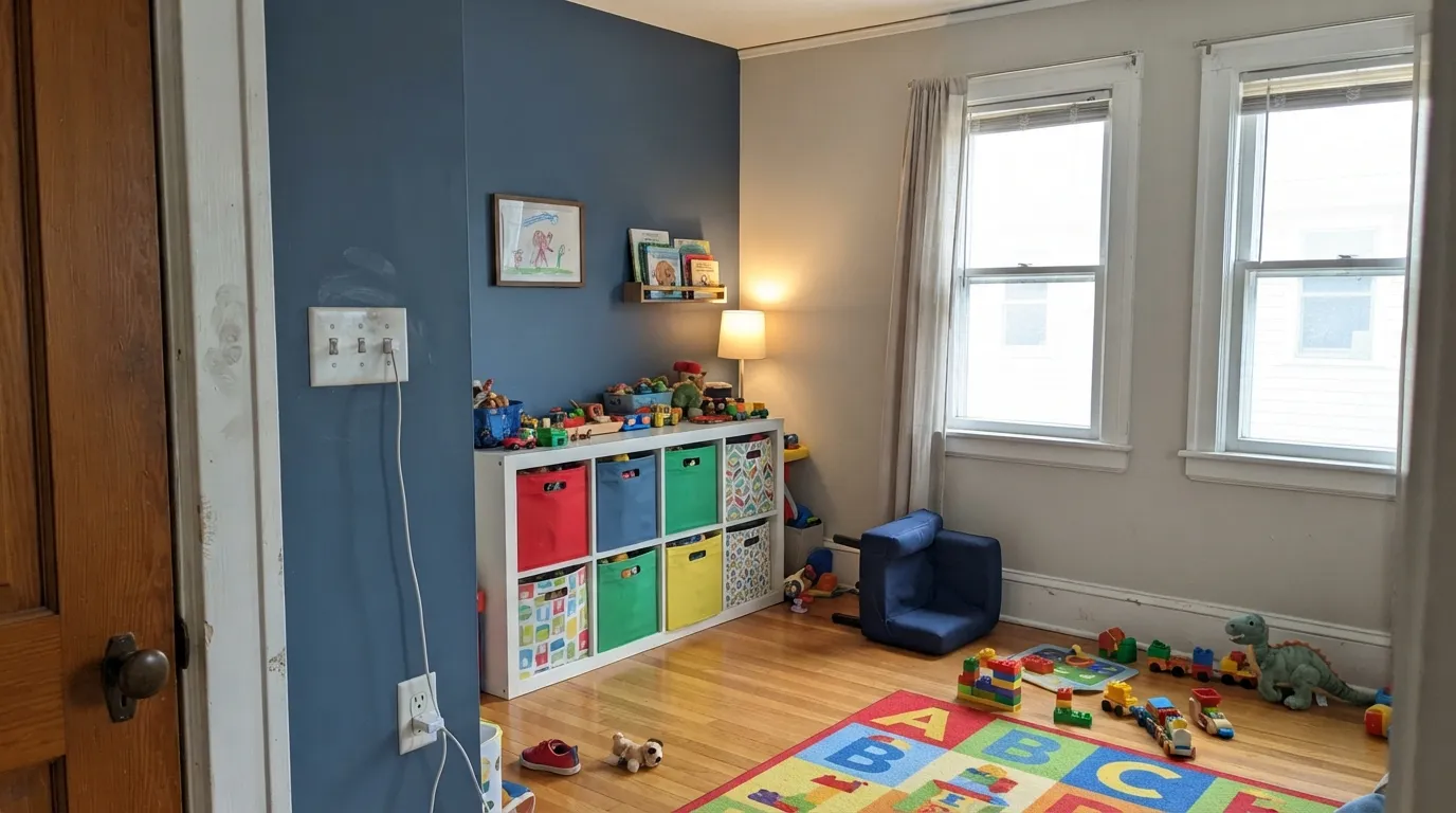 Denim on the one wall of a daylit playroom — dark enough to be real color, grayed enough that it will still look right when the bins and blocks are gone.