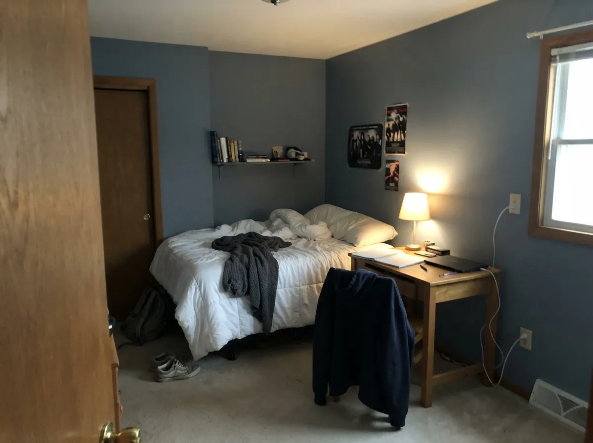 Four walls of it in a teen room — white bedding and white trim are what keep the depth from closing the room in.