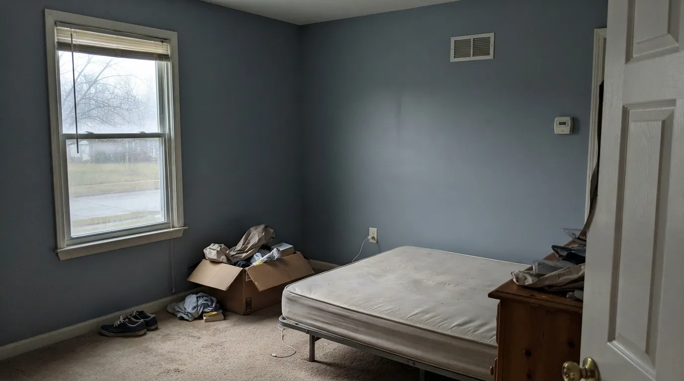 The honest shot: at LRV 14 in a dim north room with the lamps off, the jean blue drains away and you get flat cold slate — the exact complaint behind most Denim regret.