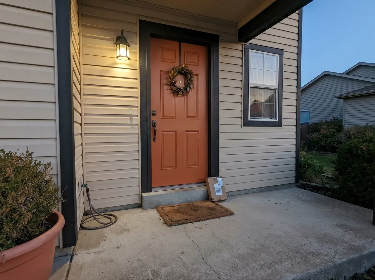 On a front door against beige siding and dark trim, the same color reads as curb appeal rather than a statement — the lowest-risk way to own it.