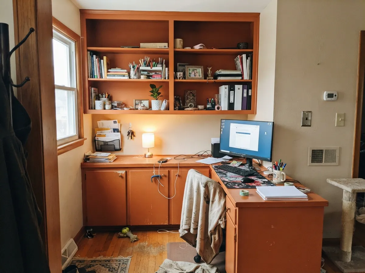 Studio and office duty is where it earns its keep — energy on the cabinetry, calm beige on the walls, no room for it to shout.