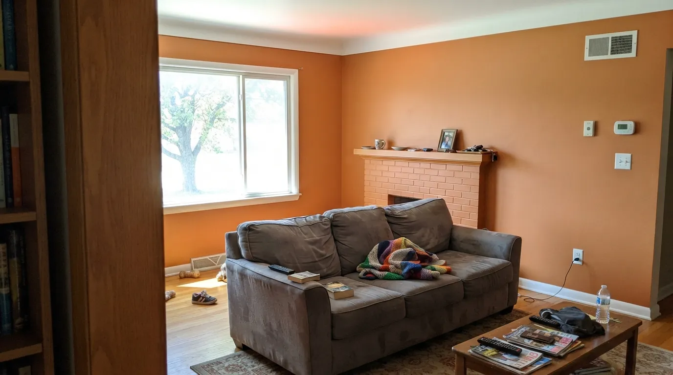 The honest shot: four walls in full midday sun over honey oak and orange brick — this is the terracotta shoppers expect and the loud orange they actually get.