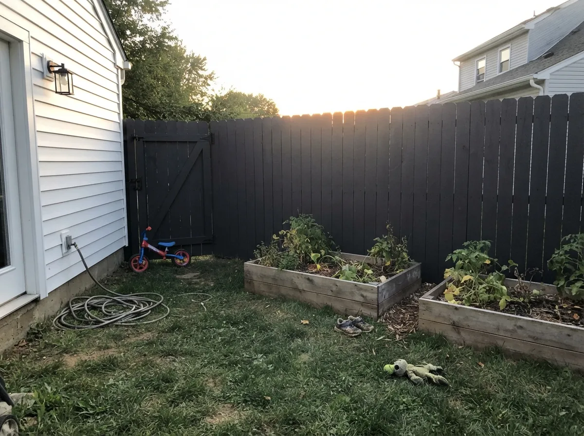 A near-black fence stops reading as a wall and starts reading as a backdrop — the boards recede and everything planted in front of them looks greener.