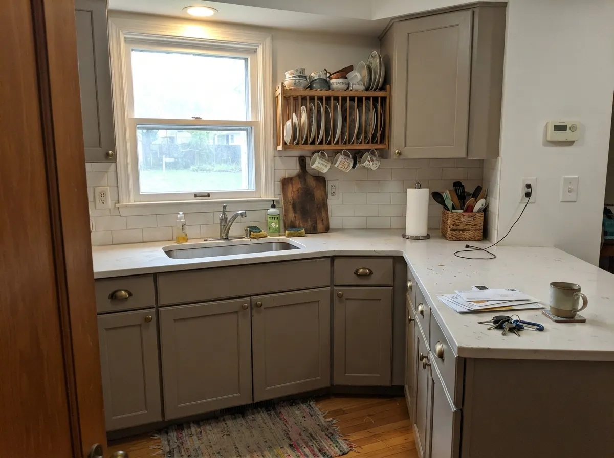 On cabinets the brown in the base keeps it earthy, and the mid tone swallows the handprints around the pulls.