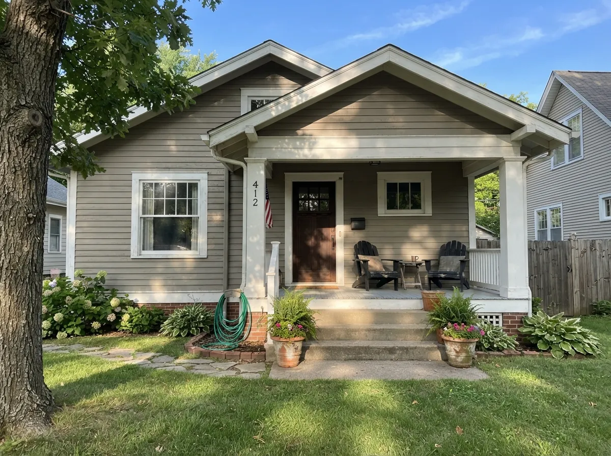 Full morning sun reads it as warm natural stone — note how the shaded gable sits a clear step darker and cooler.