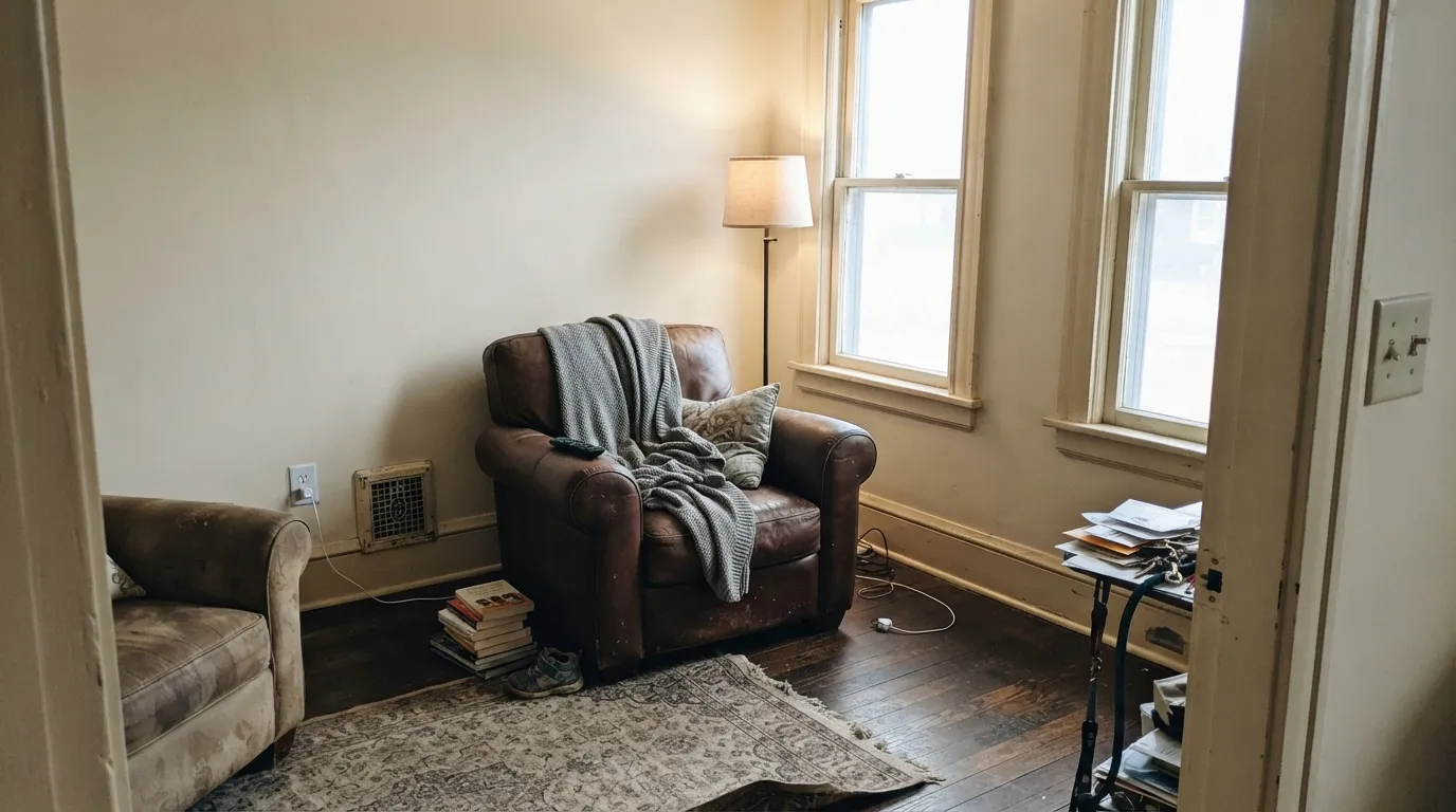 Cool north light is where Dover White does its best work — the gold calms down and the room reads warm and settled instead of cold.