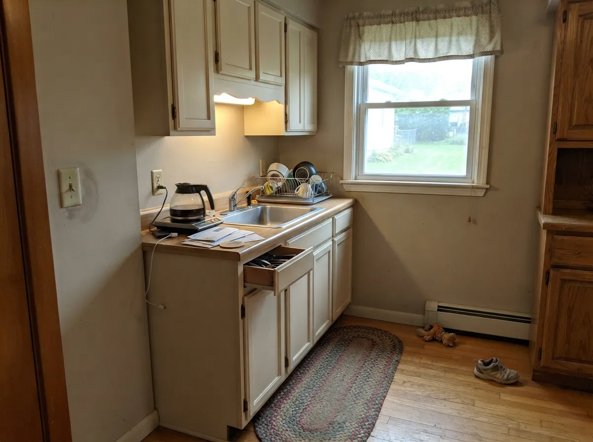 Against warm greige walls and oak, the cream looks intentional — this is the pairing that keeps Dover White cabinets from tipping yellow.