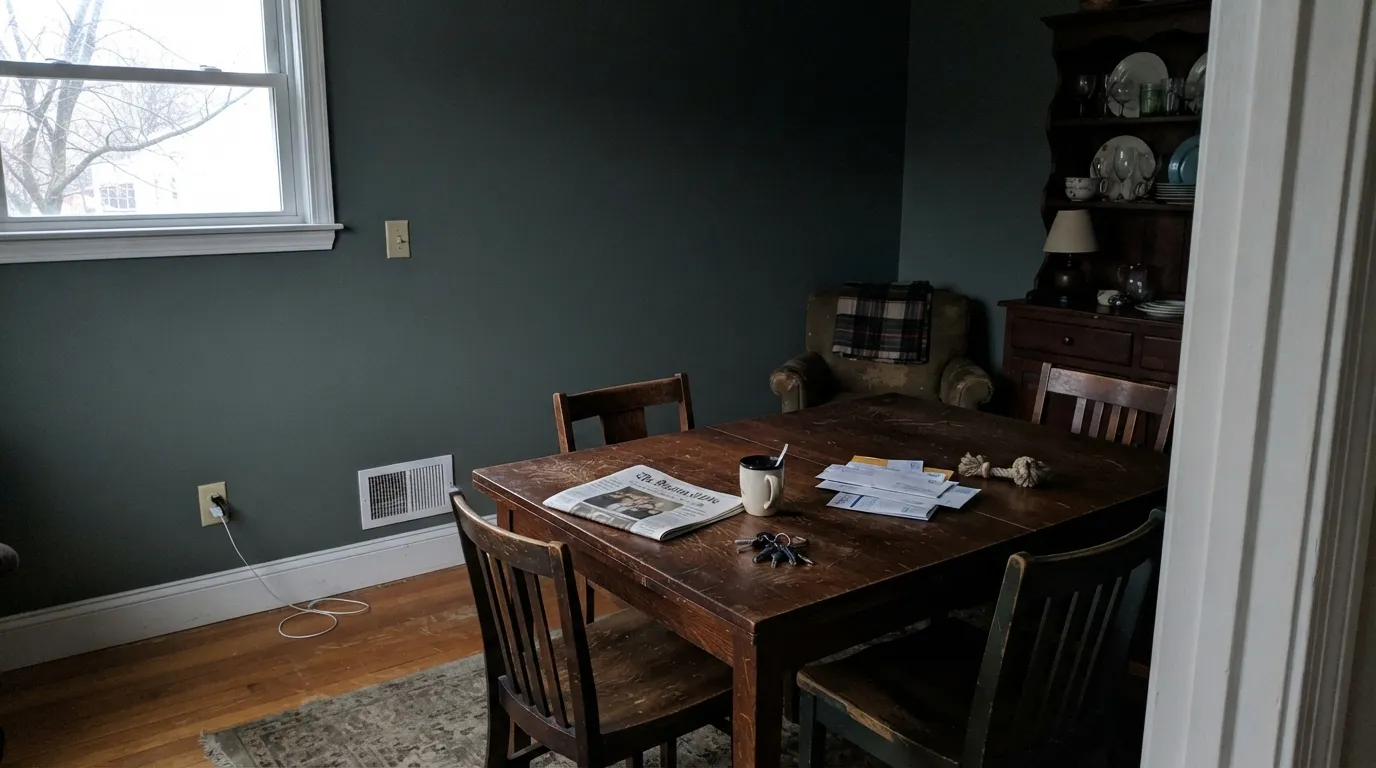 The honest shot: in weak north light with the lamps off, the green drains away and Dried Thyme becomes a flat dark gray.