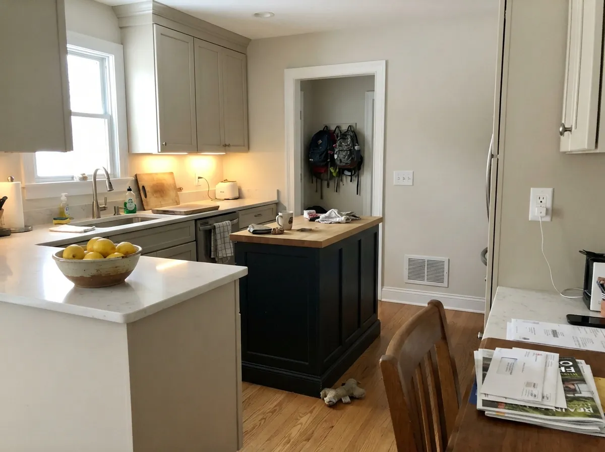 Drift of Mist satin kitchen cabinets with white trim and a dark island.