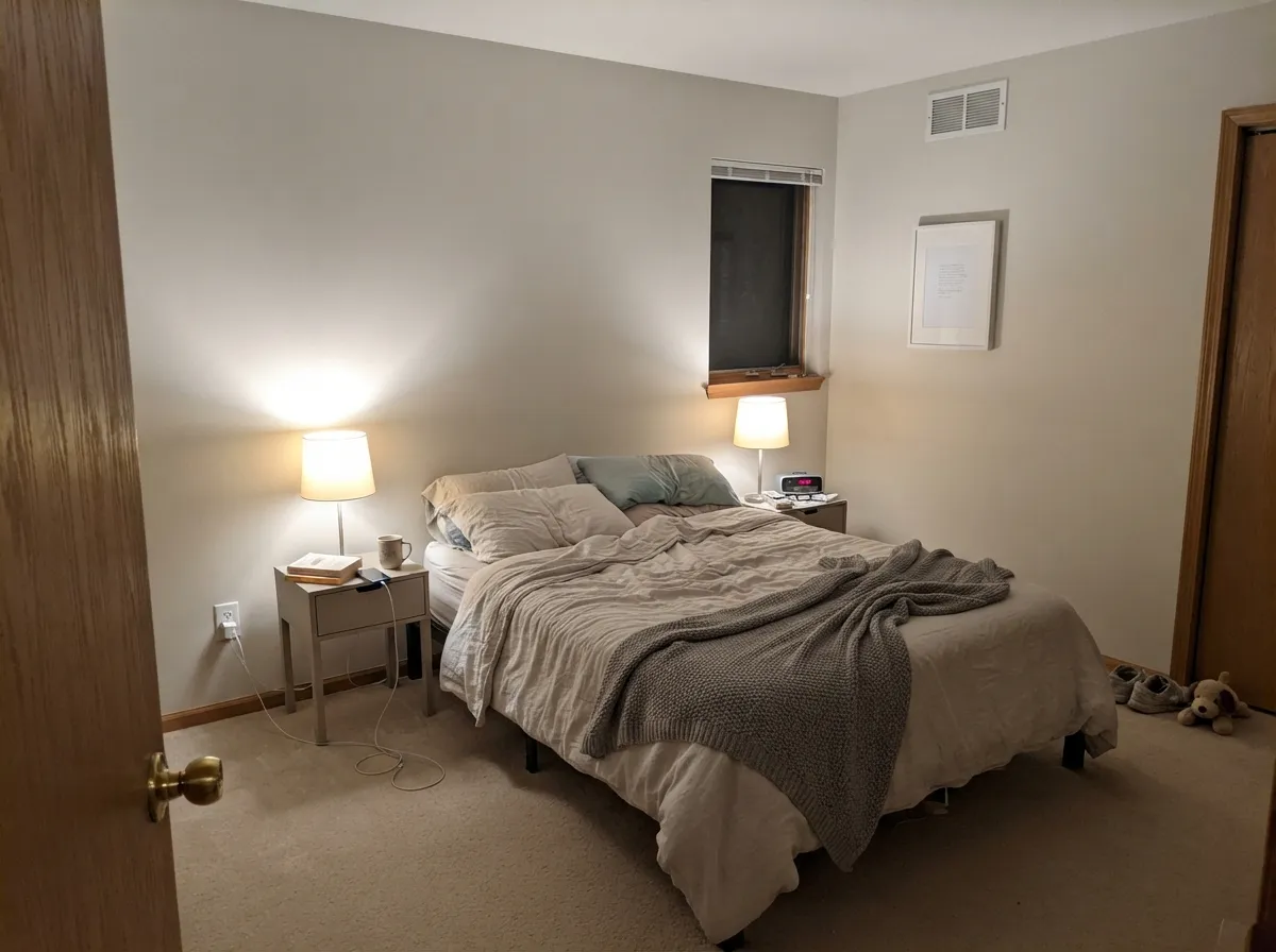 Drift of Mist bedroom walls glowing soft and creamy under warm lamp light.