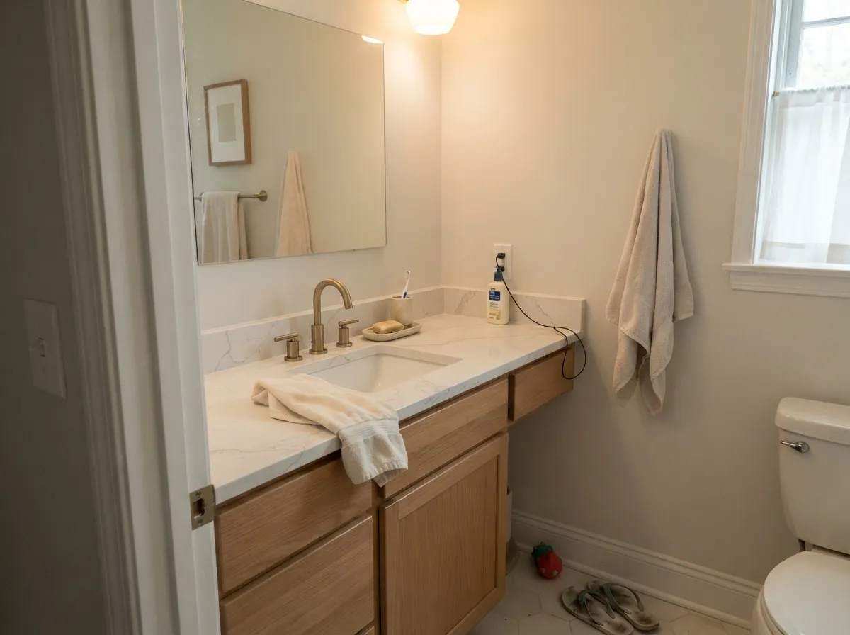 Drift of Mist bathroom walls with a white oak vanity and brushed brass faucet.