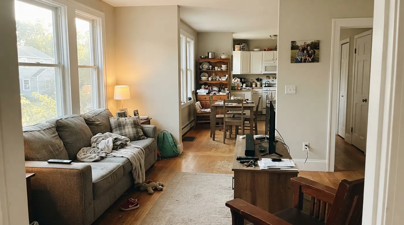 Afternoon daylight is where Drift of Mist looks best — warm enough to feel finished, light enough to carry the whole floor against bright white trim.