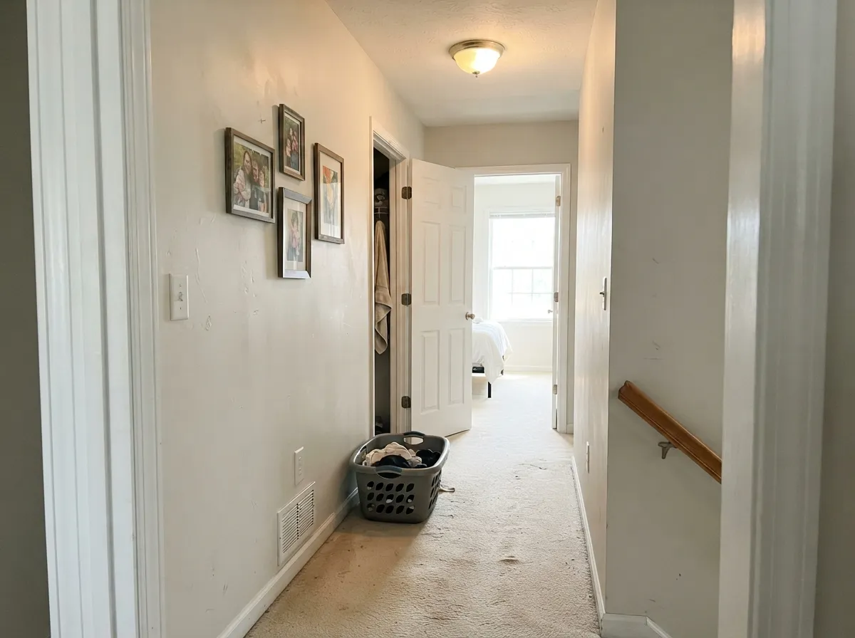 The real test: a hallway with no window of its own still reads open at LRV 69, and the walls do not clash with whatever color is behind each door.