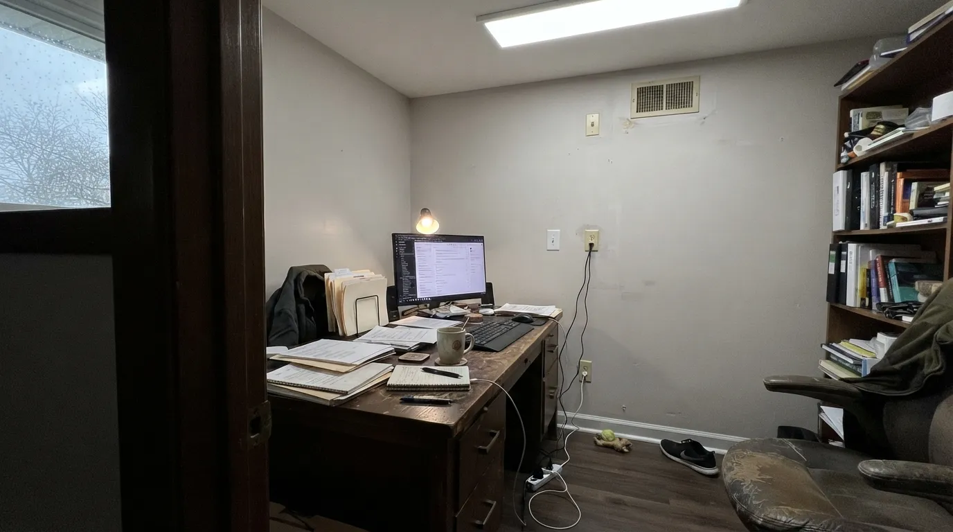 The honest shot: cool north light plus a 4000K bulb drains the warmth out and leaves a dingy gray with a violet edge — the exact room people are describing when they say it went purple.