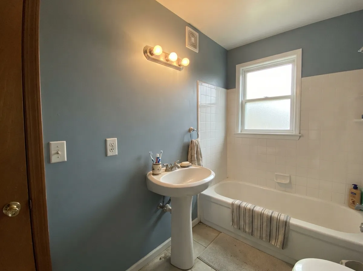 The room the name was built for: against white tile and daylight it reads like a genuine glazed Delft blue-green.