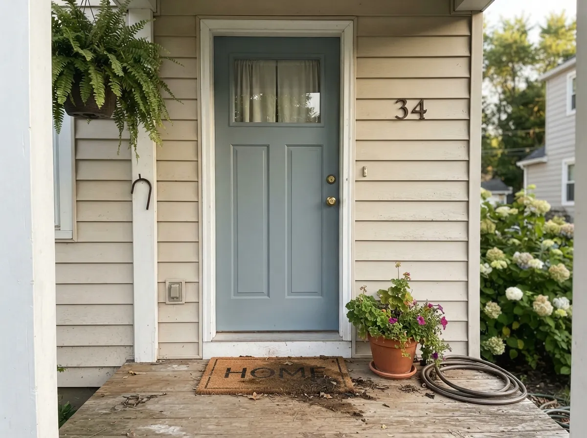 As a front door on a pale house it carries the historic charm without betting the whole facade on a light-dependent color.