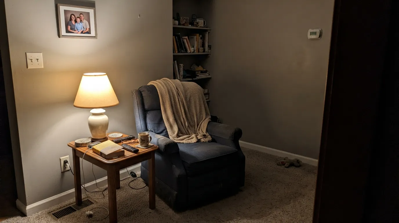 The honest shot: under lamp-only warm light at night, the blue-green drains out and the wall reads close to plain gray — the opposite of what most muted colors do after dark.