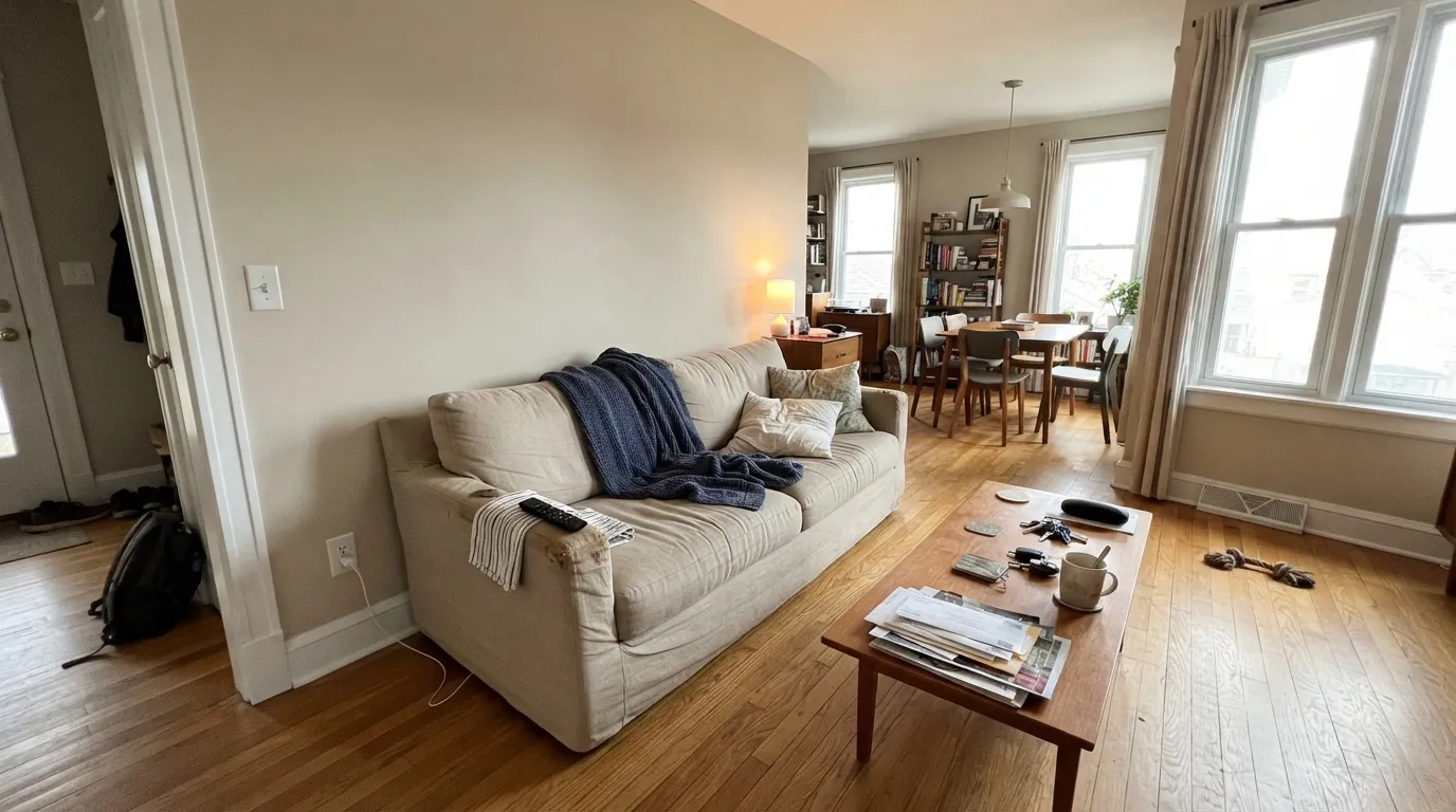 In good south daylight Egret White reads as a soft warm white — clean against Pure White trim, warm against the oak floor.