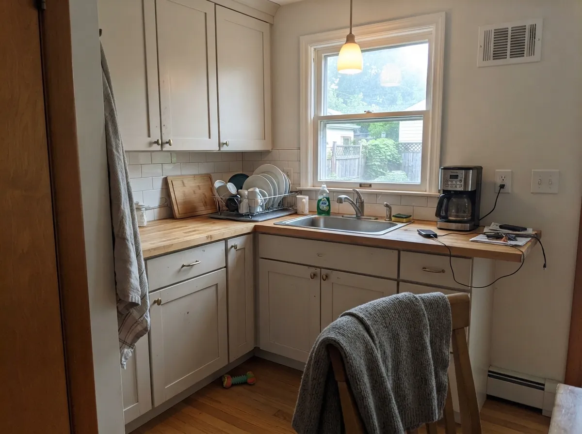 On cabinets it looks settled rather than brand new, and the warmth sits easily with brass and butcher block.
