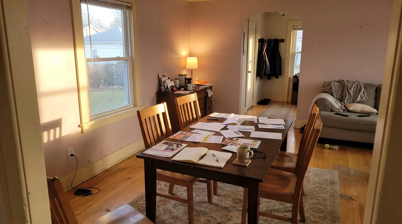 The honest shot: beside creamy trim in late-afternoon west sun, the red base wakes up and the walls go pink — the exact complaint people post.