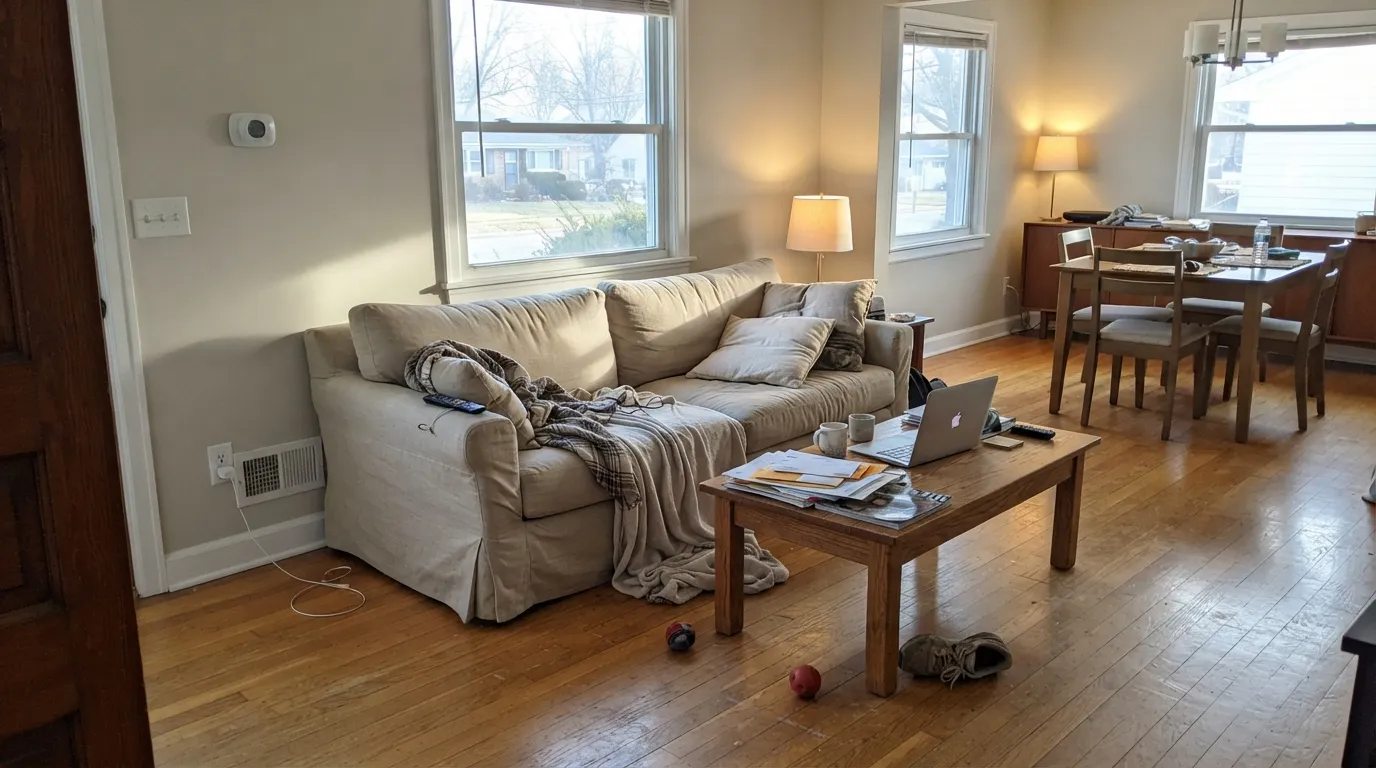Late afternoon light in a west-facing main floor is where Eider White looks its best — warm and soft, with Pure White trim keeping the edges crisp.