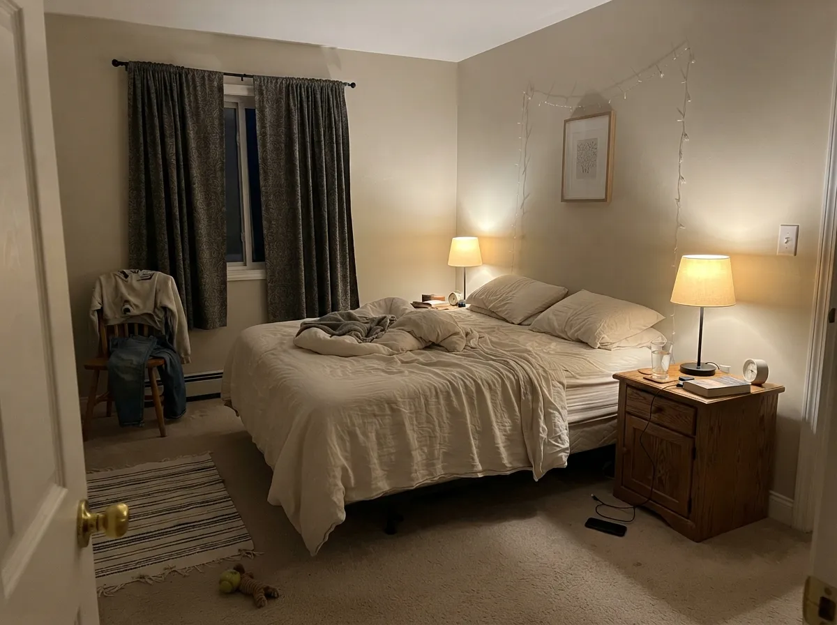 Under warm 2700K lamps at night the walls settle into a soft taupe — the version of this color people fall for.
