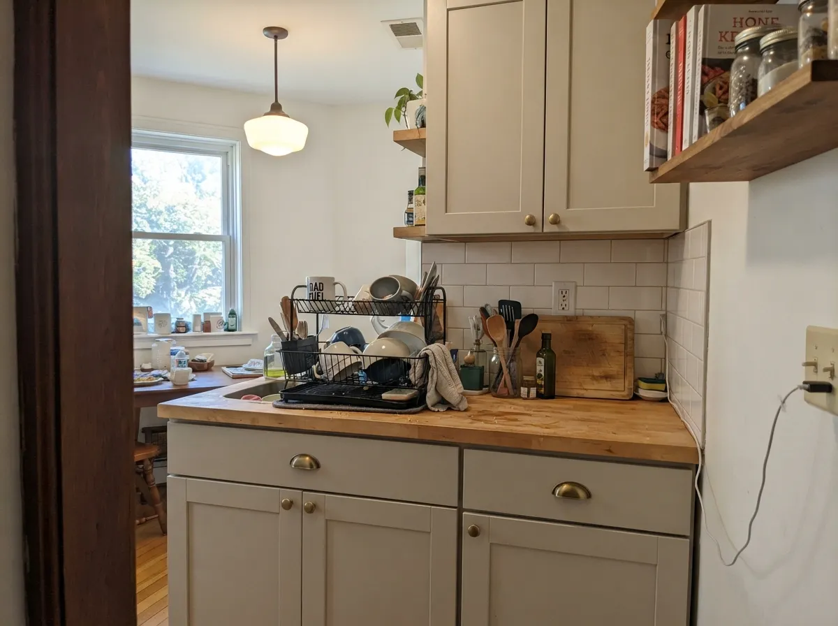On cabinets in satin it reads warm and settled, and it hides handprints around the pulls far better than a bright white would.