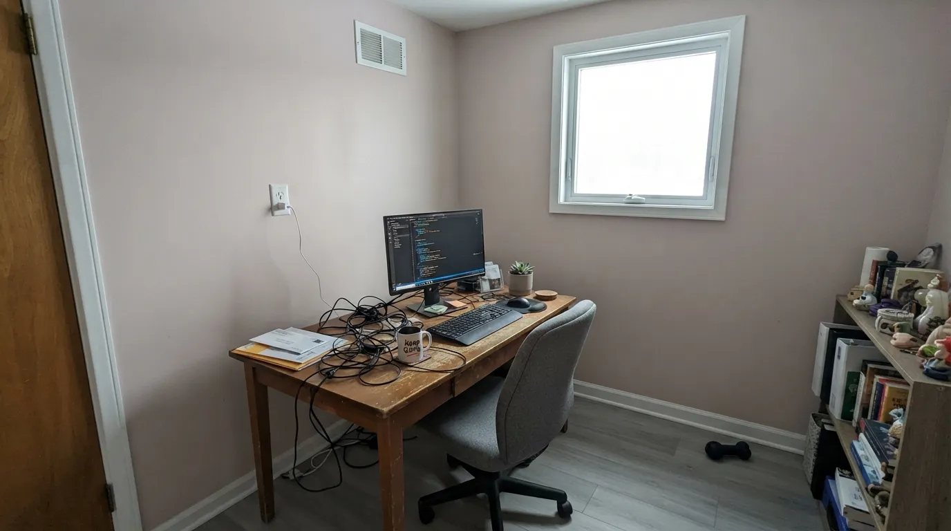 The honest shot: north light plus cool gray flooring and no lamps, and Eider White goes mauve — exactly the room people describe when they say it turned purple.