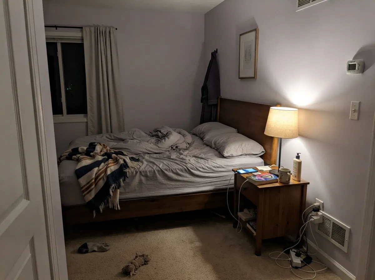 Under a warm 2700K lamp at night the lavender turns up, not down — the opposite of what most pale colors do after dark.