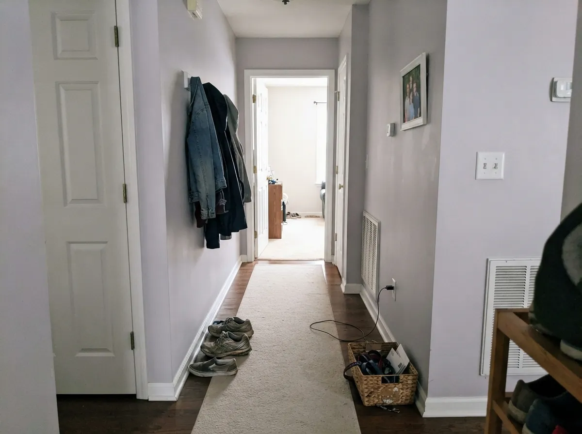 In a hallway's flatter, indirect light Elation settles into a quiet gray-lavender neutral — this is the everyday, unremarkable version of the color.