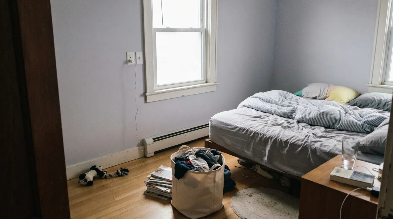 The honest shot: cold north light with no warm bulbs, and the lavender simply isn't there — just a flat gray wall. This is the mismatch behind most disappointed reviews.