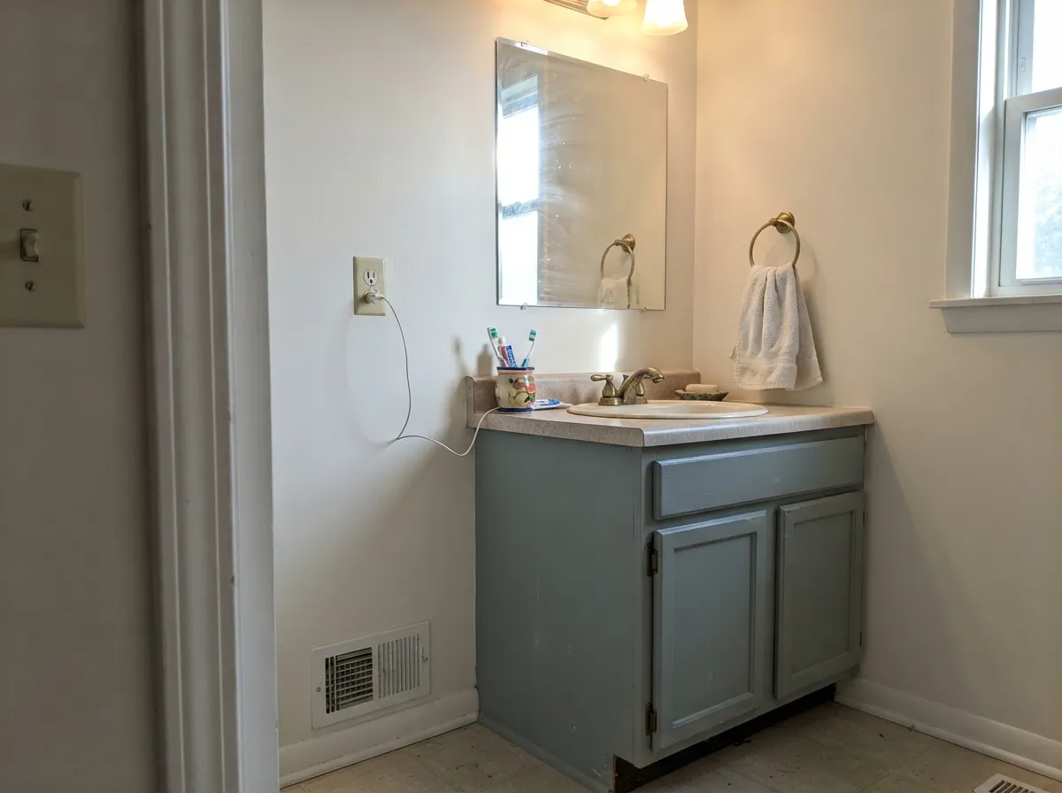 On a vanity under a warm white wall, the spa read comes through — brass and Eventide is a pairing that keeps showing up in bathrooms for a reason.