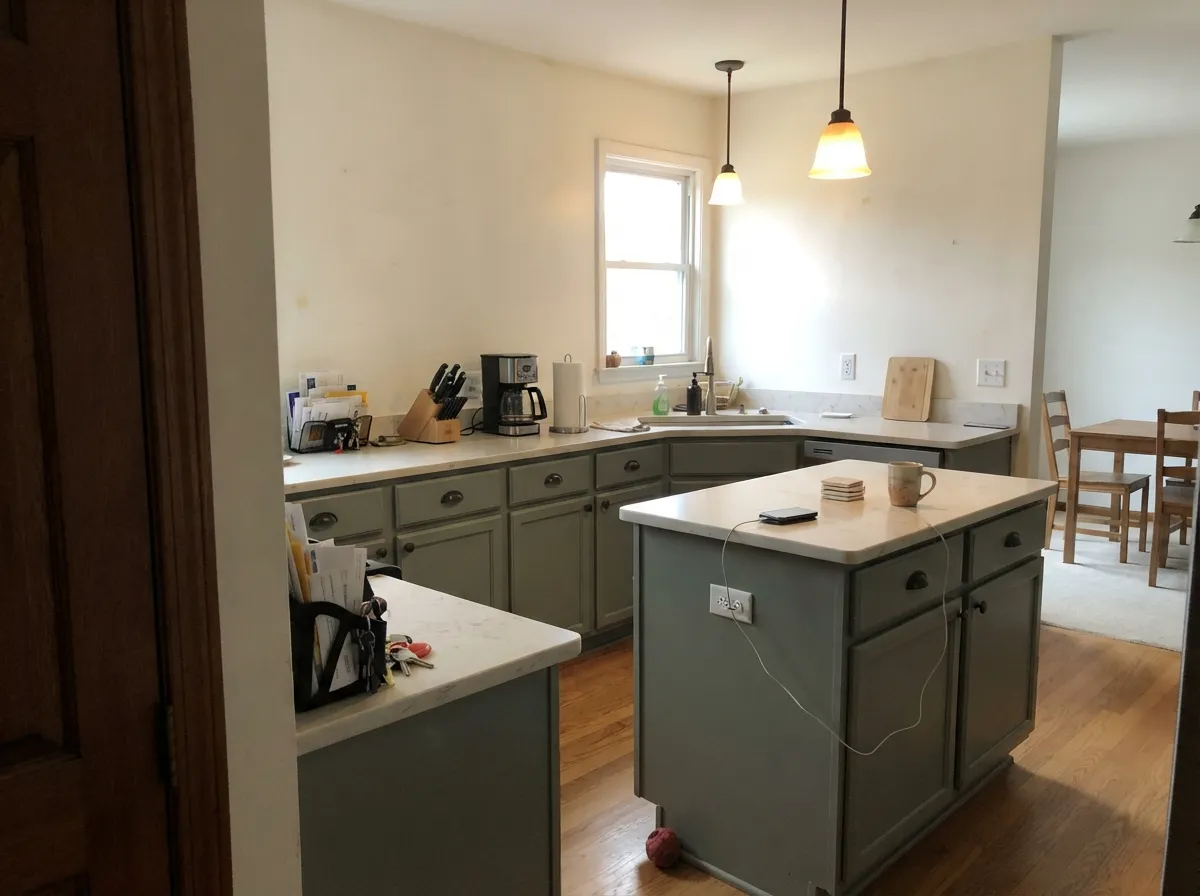 Evergreen Fog kitchen lower cabinets and island with bronze hardware.