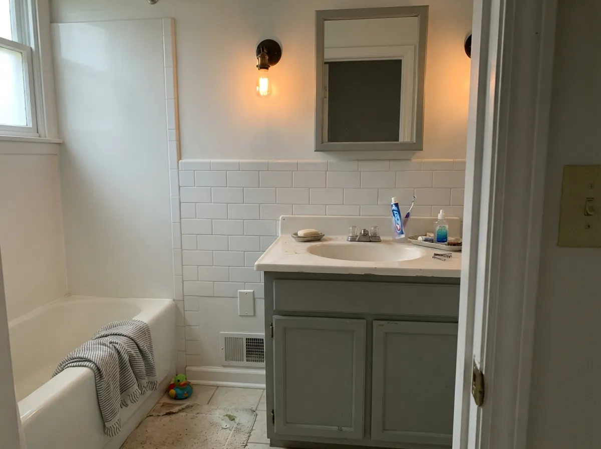 Evergreen Fog bathroom vanity against white tile under warm light.