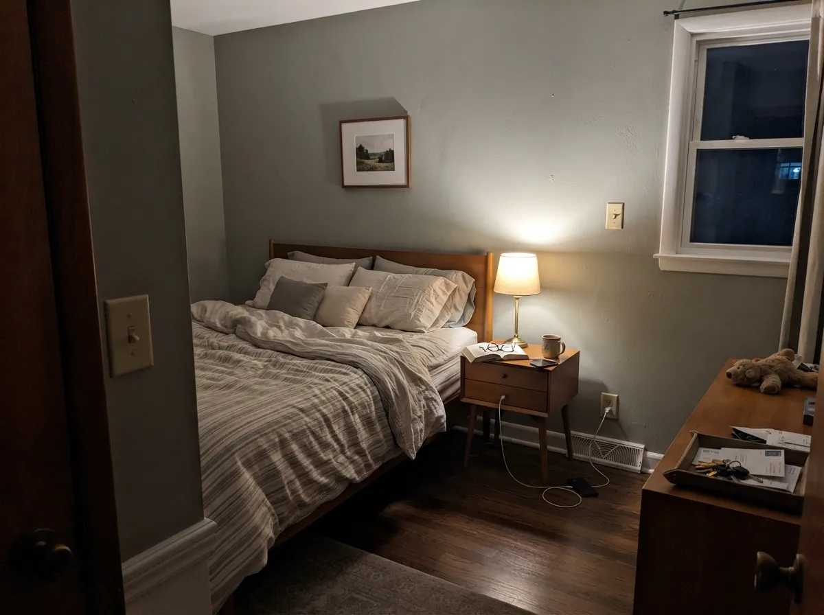 Evergreen Fog bedroom walls deepened by evening lamplight.
