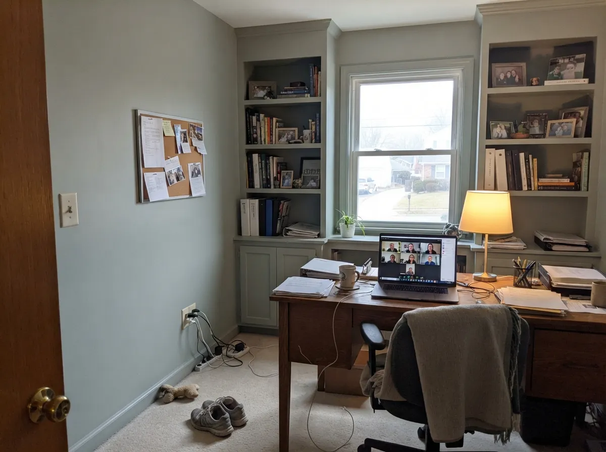 Evergreen Fog built-in office shelving behind a video call setup.