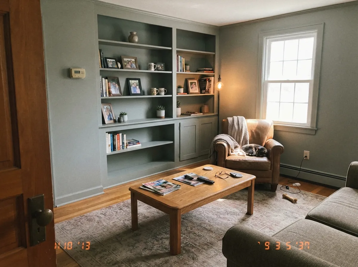 Evergreen Fog built-ins and walls in a sunlit living room.