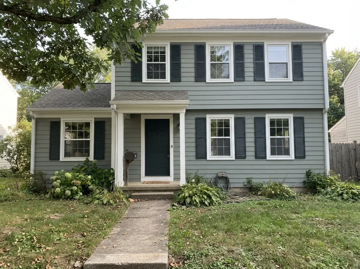 Evergreen Fog exterior siding with white trim and dark shutters.