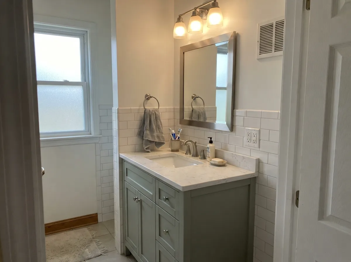 A single painted vanity is the lowest-risk way to use this color — white counter, warm bulb, and the green holds.