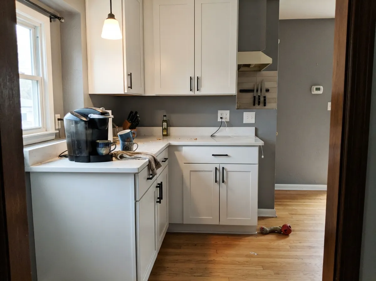 Extra White satin cabinets with gray walls, white quartz, and matte-black hardware.