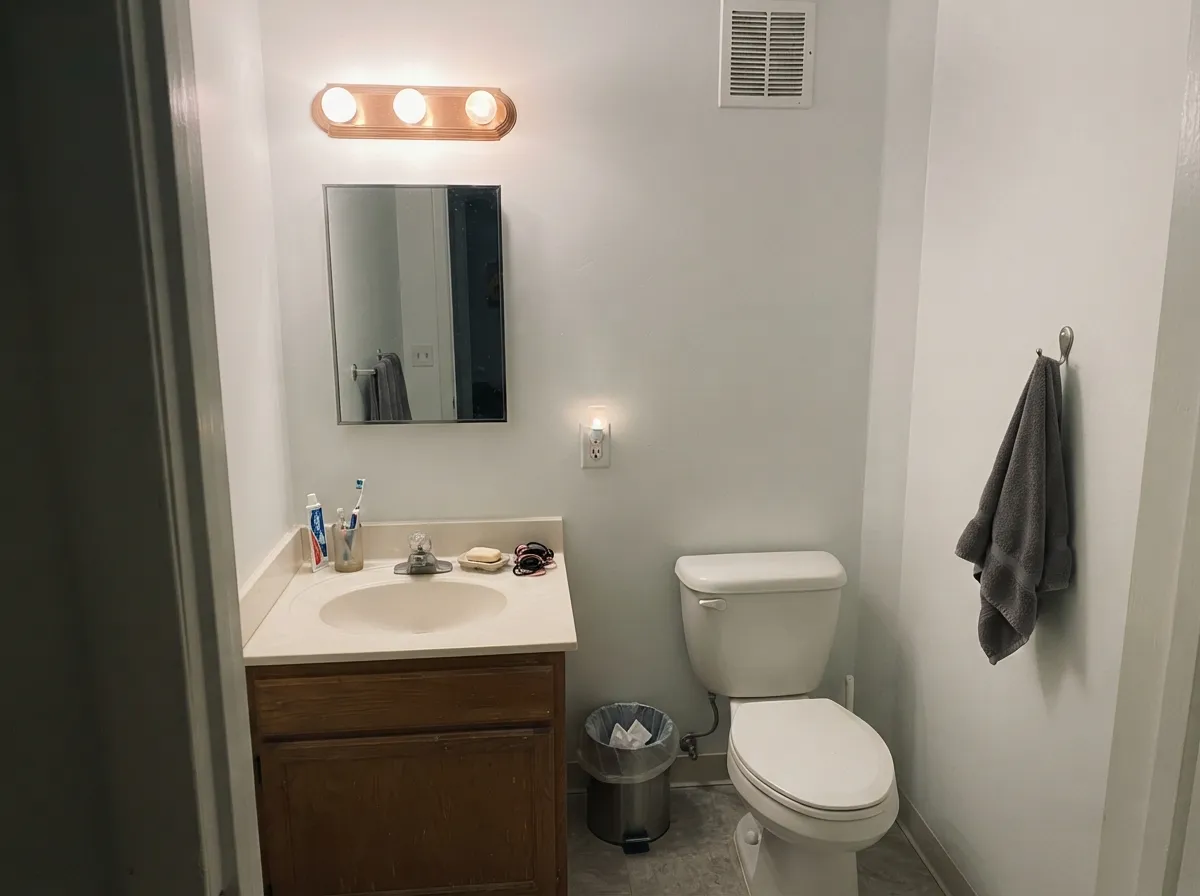 Extra White eggshell walls brightening a small windowless bathroom.