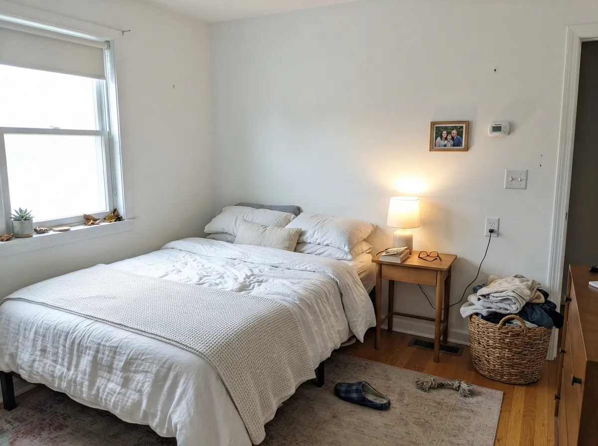 Extra White bedroom walls in bright south-facing daylight.
