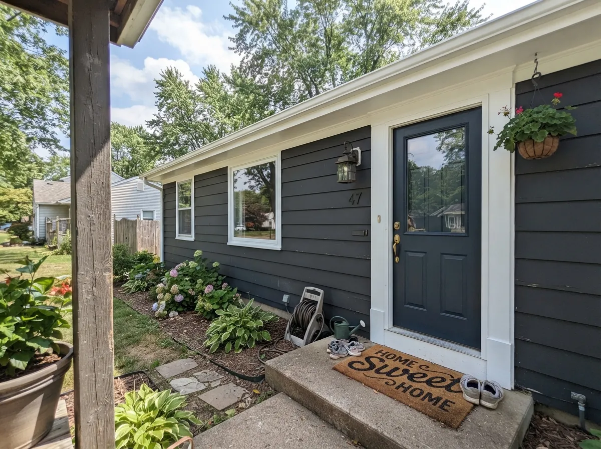 Extra White trim and window casing against dark exterior siding.