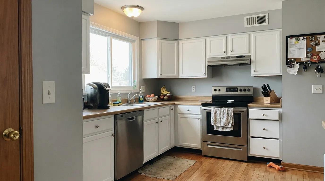 Extra White cabinets against gray walls in strong morning light — this is the job it was made for, crisp without looking plastic.