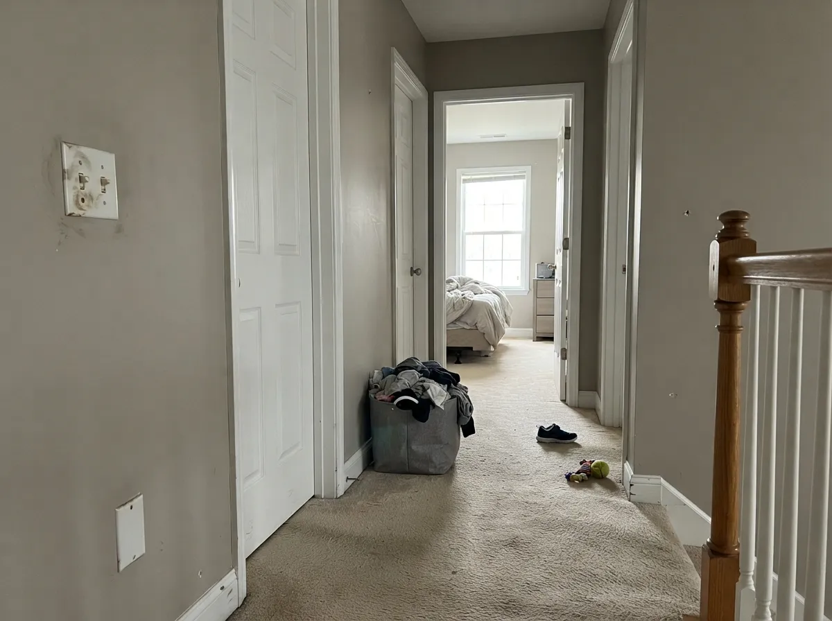 The everyday test: Extra White doors and baseboards holding a hard, clean line against greige walls.