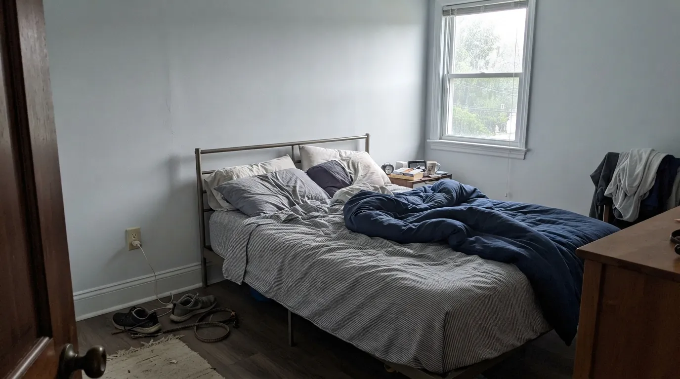 The honest shot: walls and trim both Extra White in a dim north room, with the cold, waiting-room look people describe in the one-star stories.